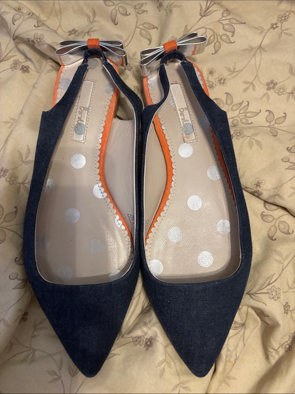 Boden Pointed Bow Denim Slingback Flats